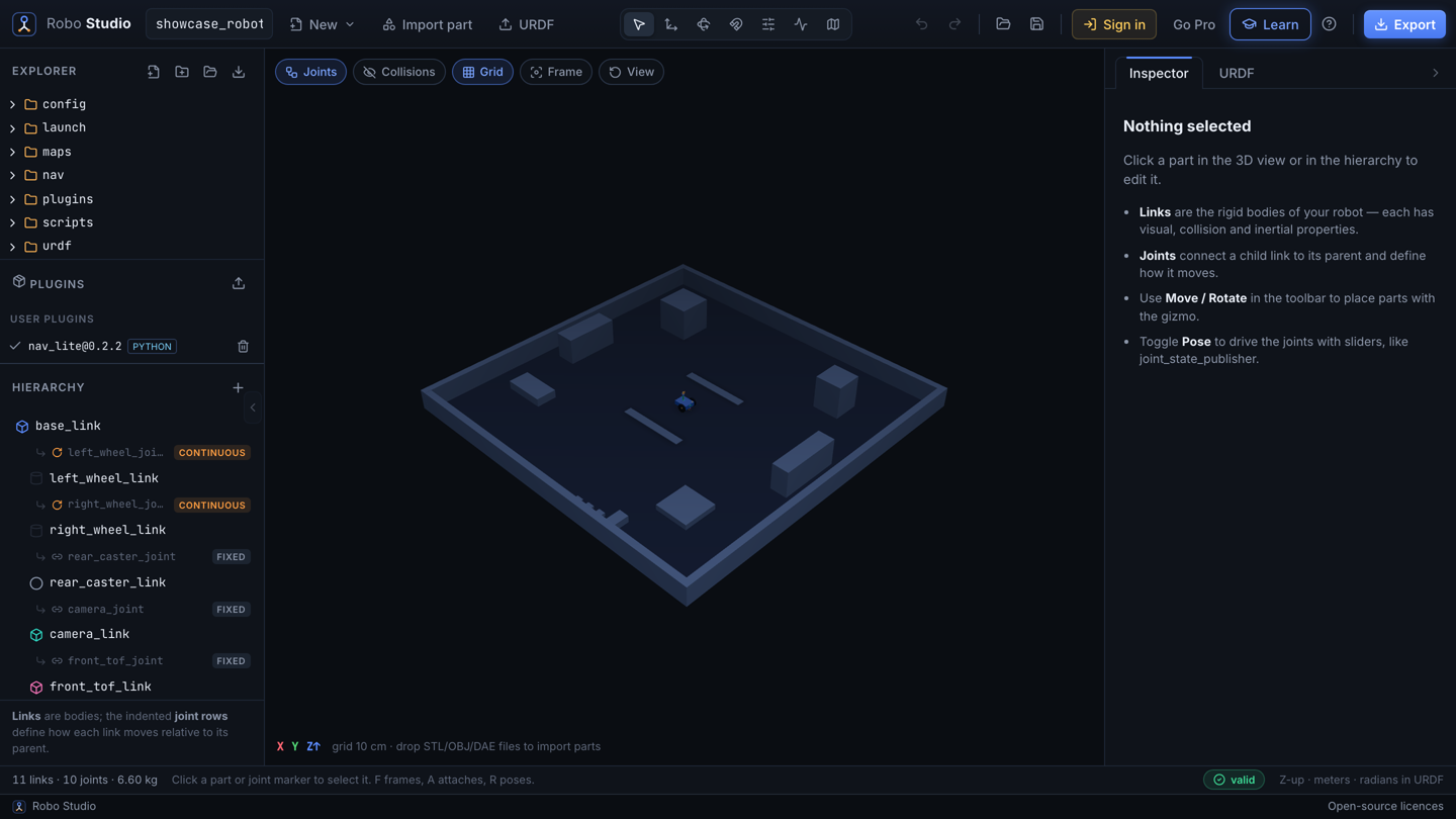The RoboStudio editor: a robot model in a 3D viewport, with its link hierarchy and inspector panels.